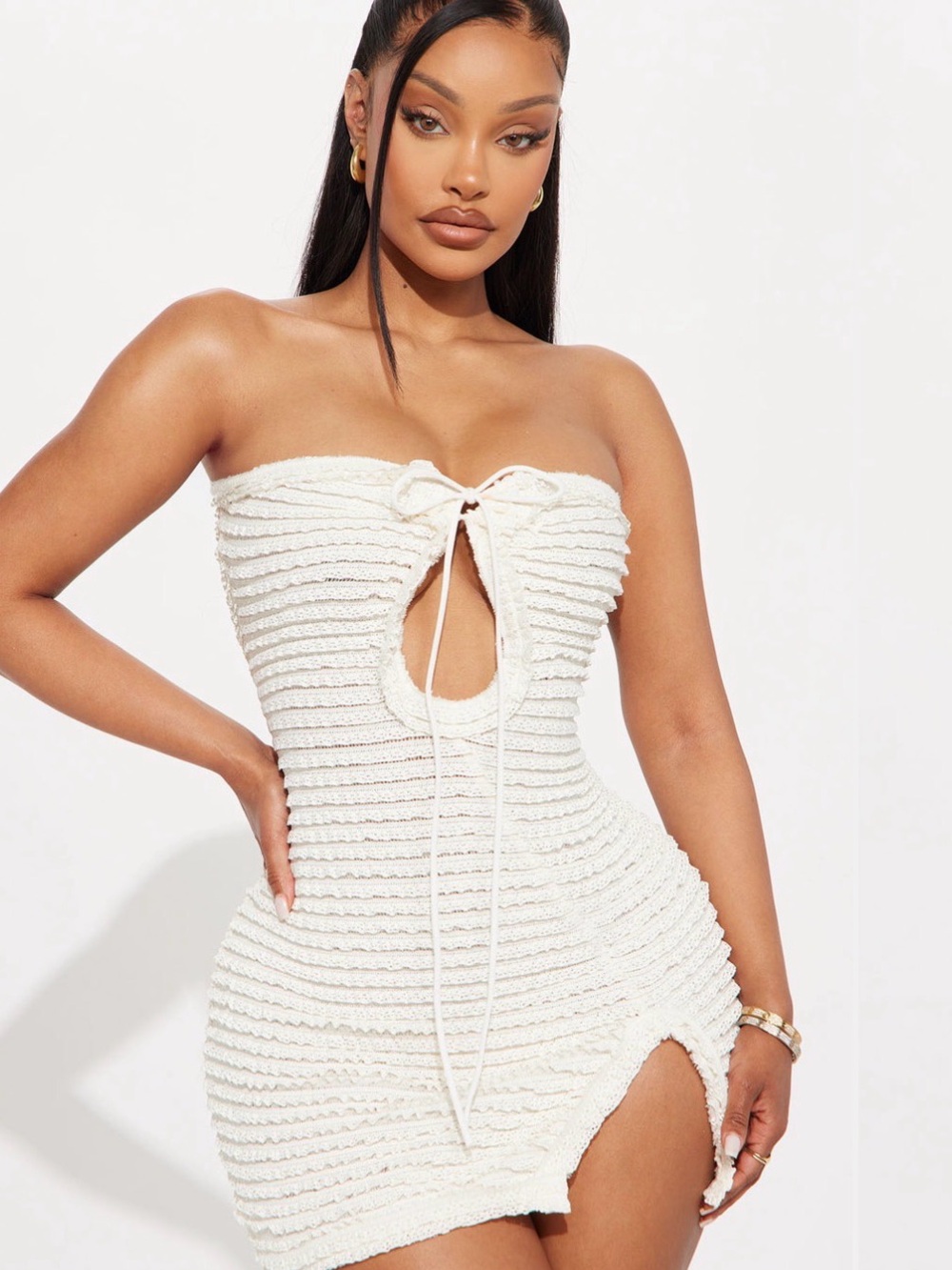 Strapless Textured Knit Mini Dress in Cream